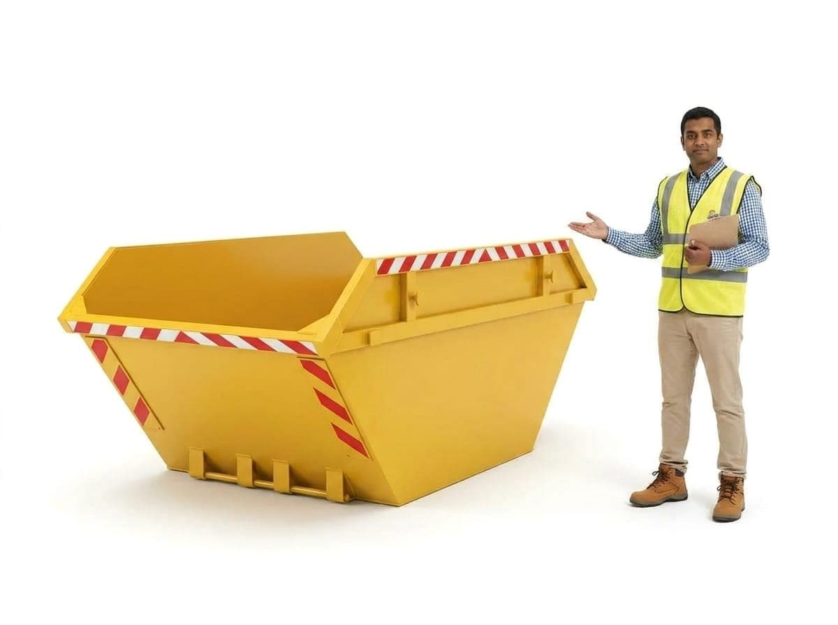 Yellow builder's skip with a hi-vis tradesperson beside it for scale
